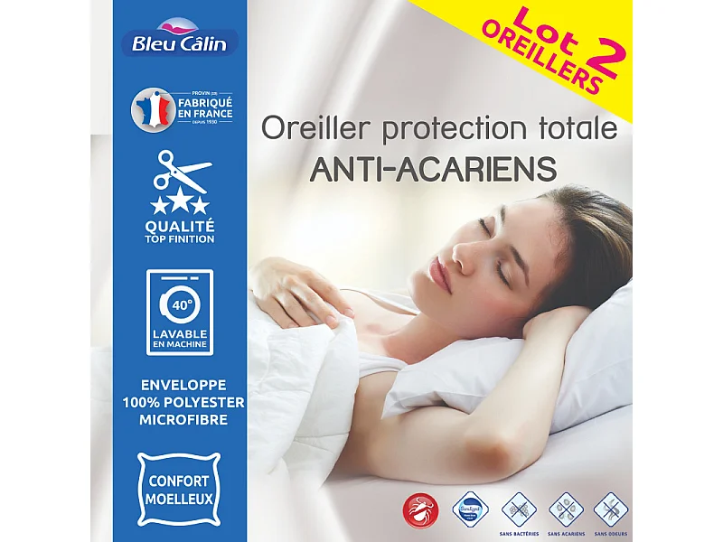 Lot de 2 Oreillers 60 x 60 cm "Protection totale Anti-Acariens" Bleu Calin