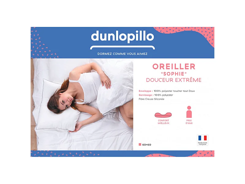Lot De 2 Oreillers 60 X 60 Cm Dunlopillo "sophie" Douceur Extrême