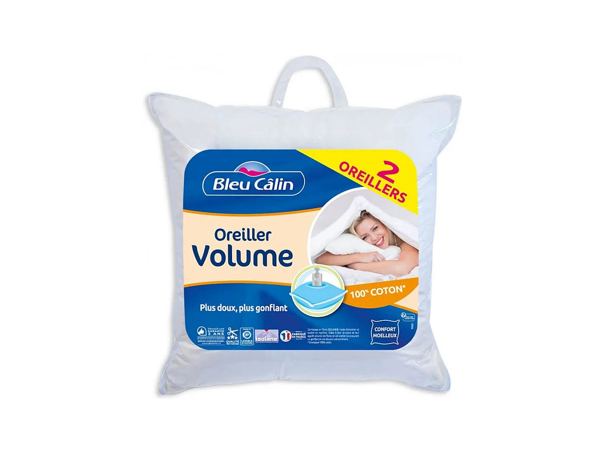 Lot de 2 Oreillers 60 x 60 cm "Super Gonflant Isolane" Bleu Calin