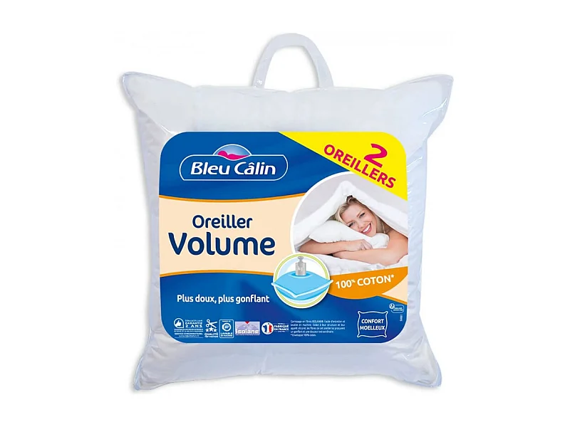 Lot de 2 Oreillers 60 x 60 cm "Super Gonflant Isolane" Bleu Calin