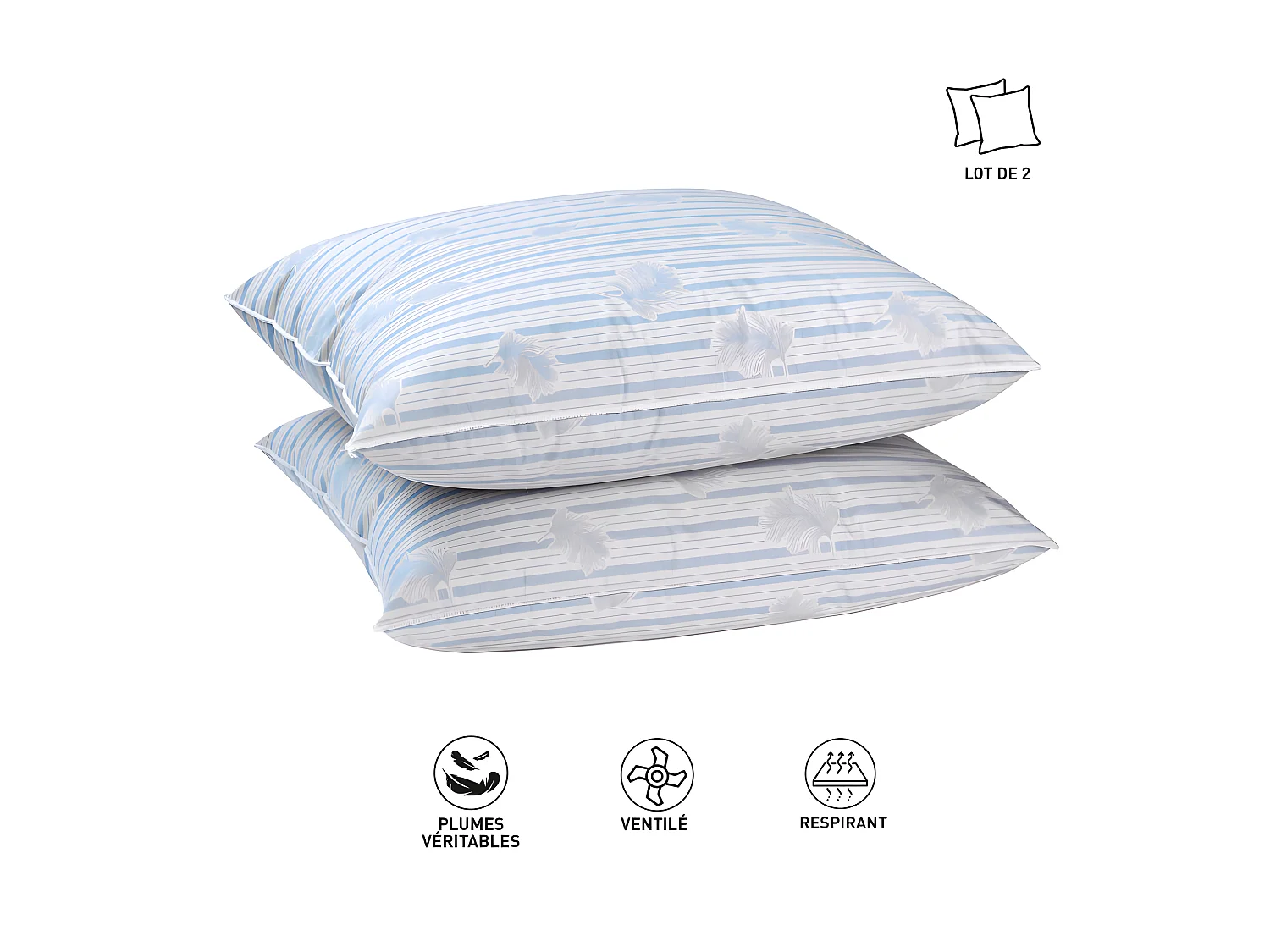 Lot De 2 Oreillers Plumes Véritables 60 X 60 "blanrêve"