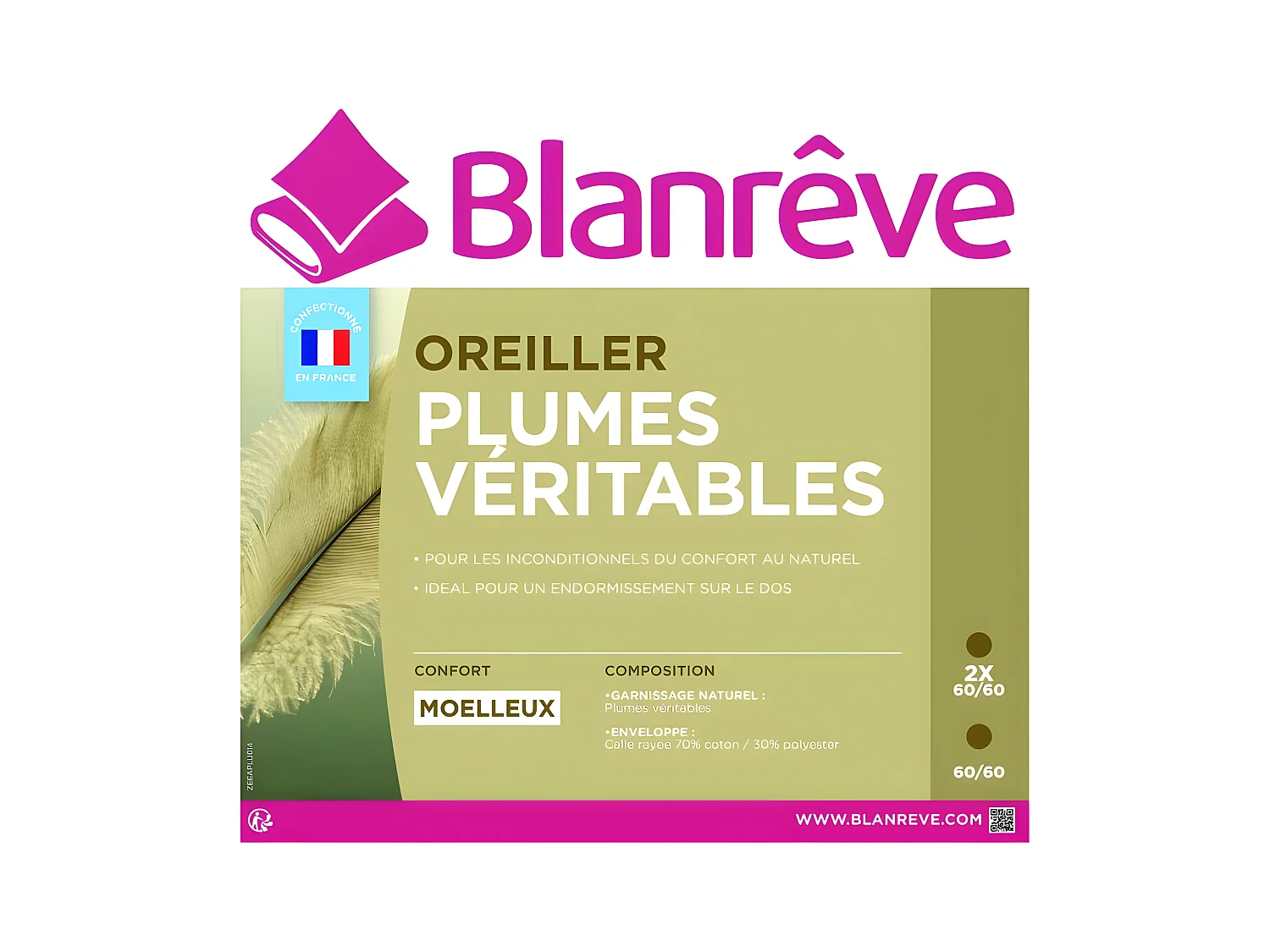 Lot De 2 Oreillers Plumes Véritables 60 X 60 "blanrêve"