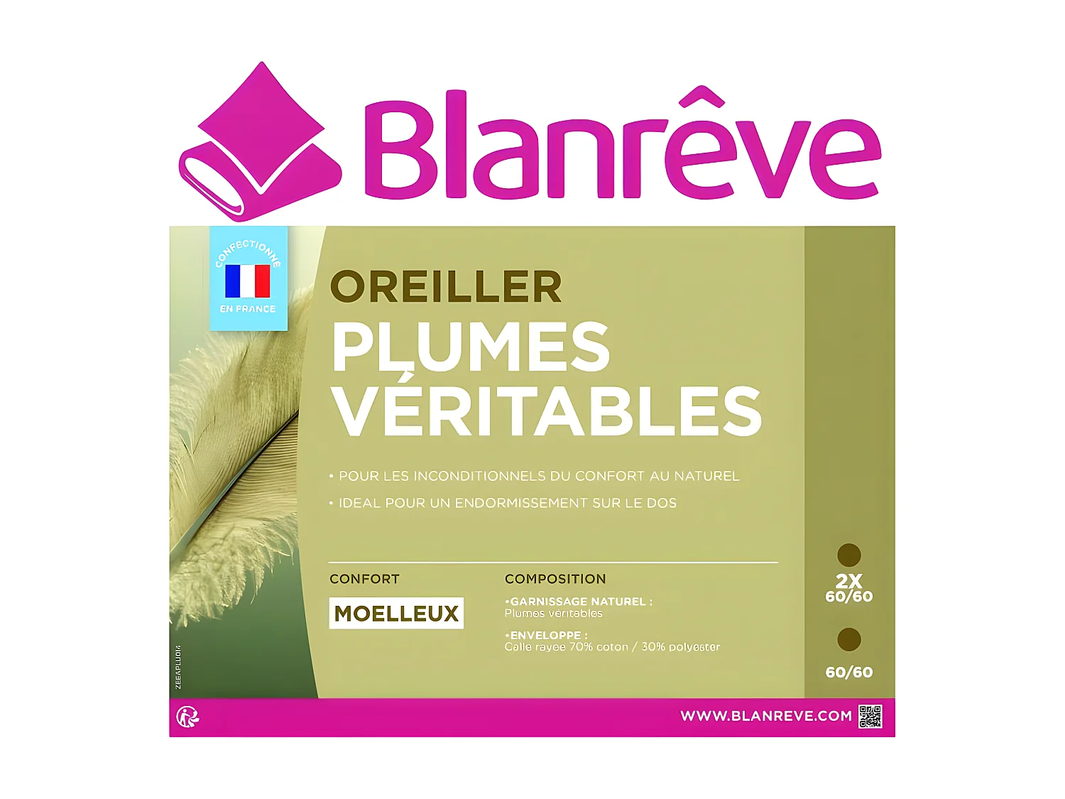 Lot De 2 Oreillers Plumes Véritables 60 X 60 "blanrêve"