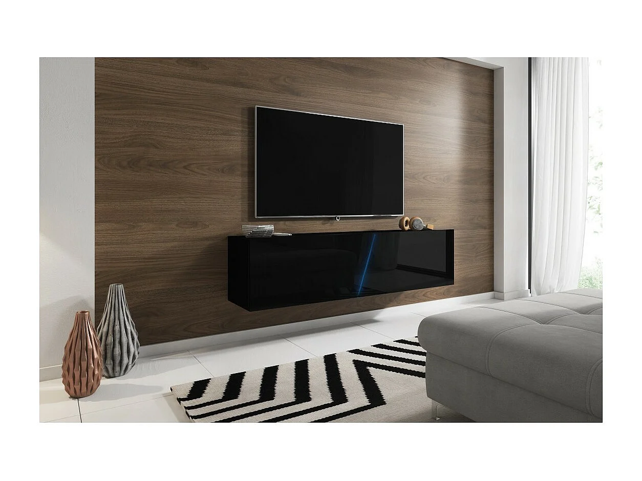 Meuble TV suspendu design SPEED, 160 cm, 1 porte, coloris noir avec LED intégrée.