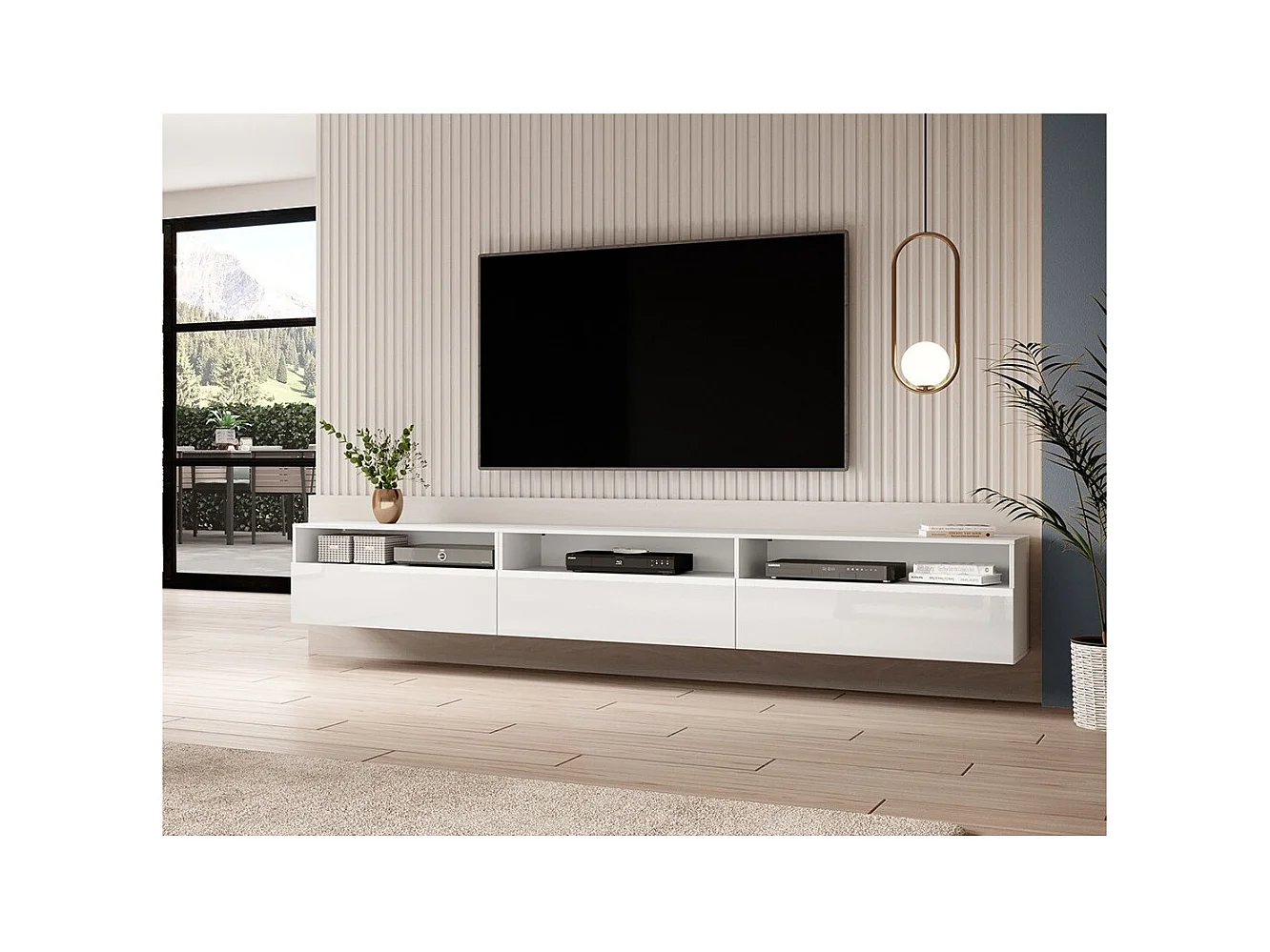 Móvel para TV XL 270cm para colocar ou suspender coleção RAMOS. Cor branco brilhante.