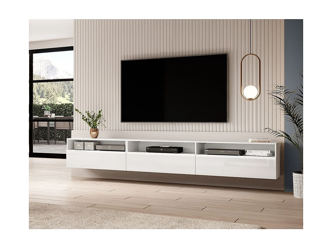 Móvel para TV XL 270cm para colocar ou suspender coleção RAMOS. Cor branco brilhante.