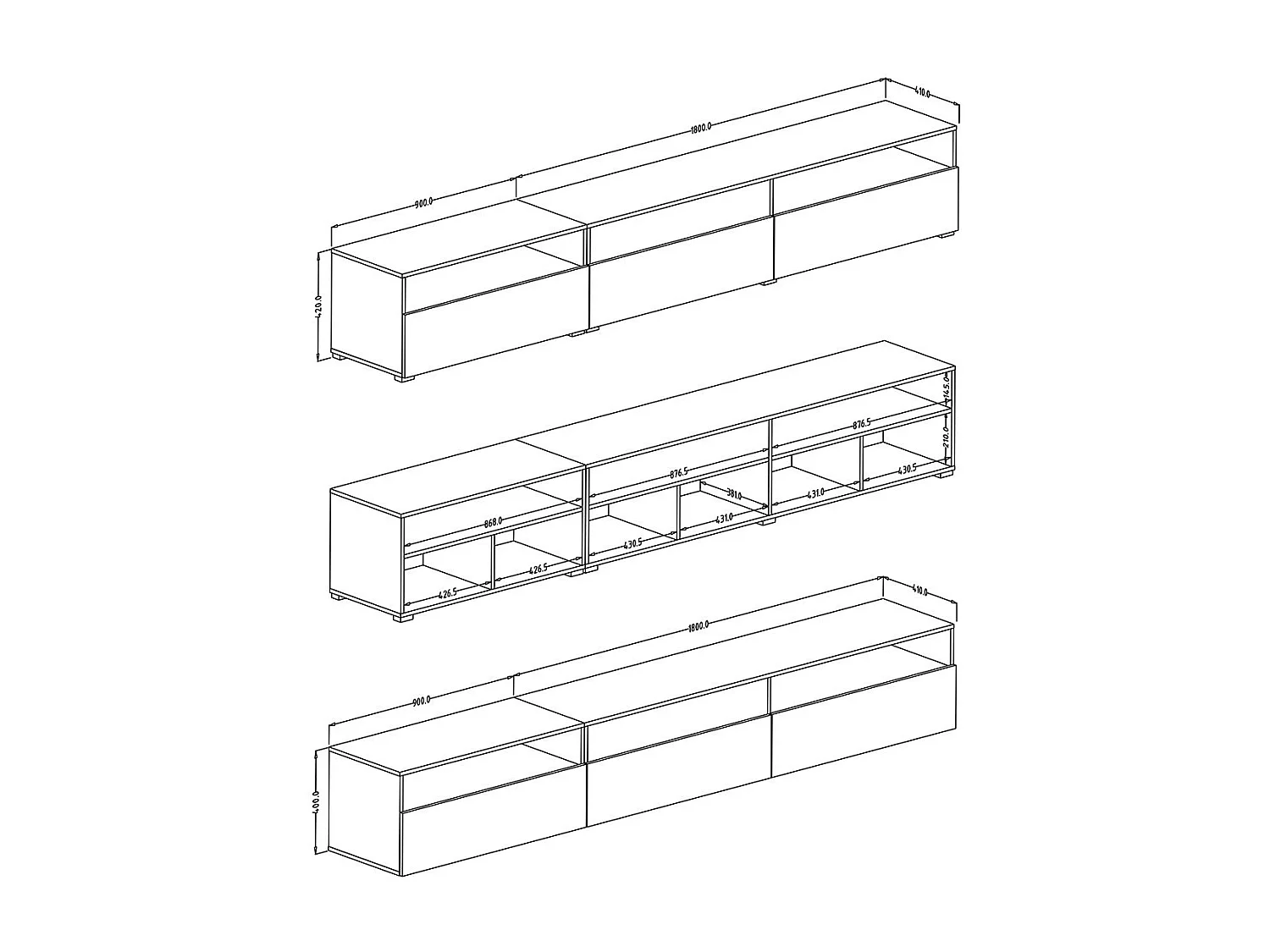 Móvel para TV XL 270cm para colocar ou suspender coleção RAMOS. Cor branco brilhante.