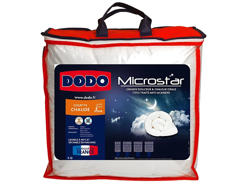 Pack Couette Dodo Microstar 240 x 260 cm pour lit 2 places "King Size" + 2 Oreillers 60 x 60 cm + 2 Oreillers 50 x 70 cm
