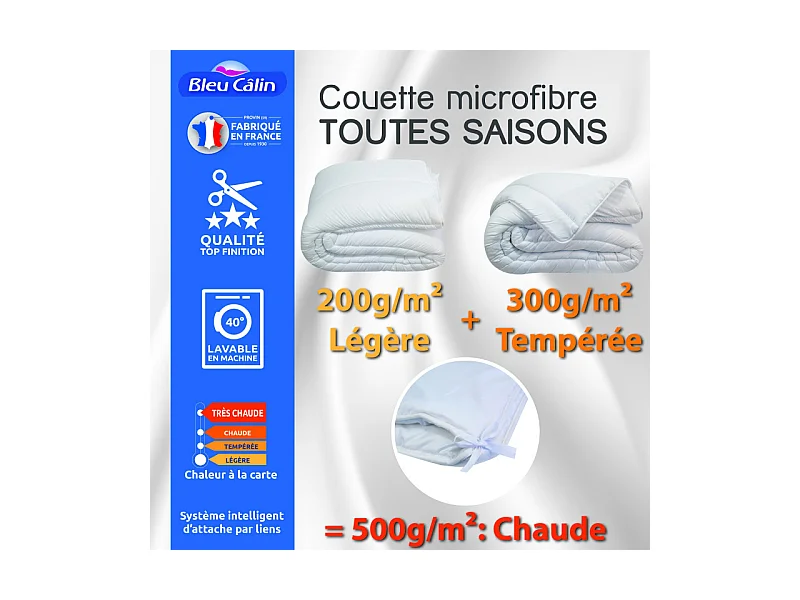 Couette toutes saisons microfibre 220 x 240 cm pour lit 2 places 140 x 190 cm à 160 x 200 cm