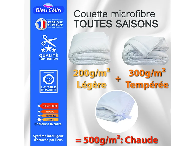 Couette toutes saisons microfibre 200 x 200 cm pour lit 90 à 120 x 190 cm