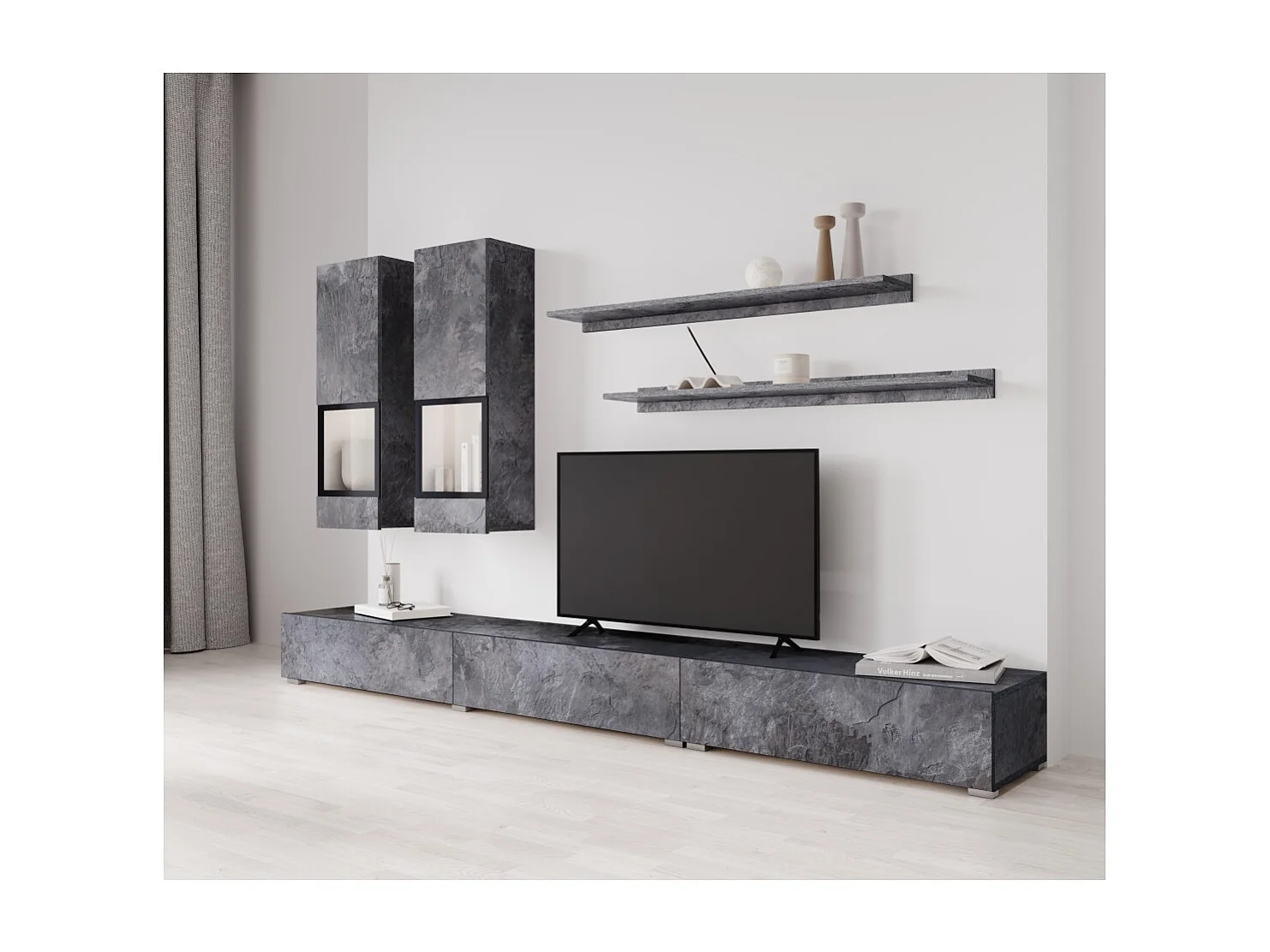 Conjunto de 7 móveis para sala de estar coleção RAMOS. Cor cinza efeito ardósia e preto.