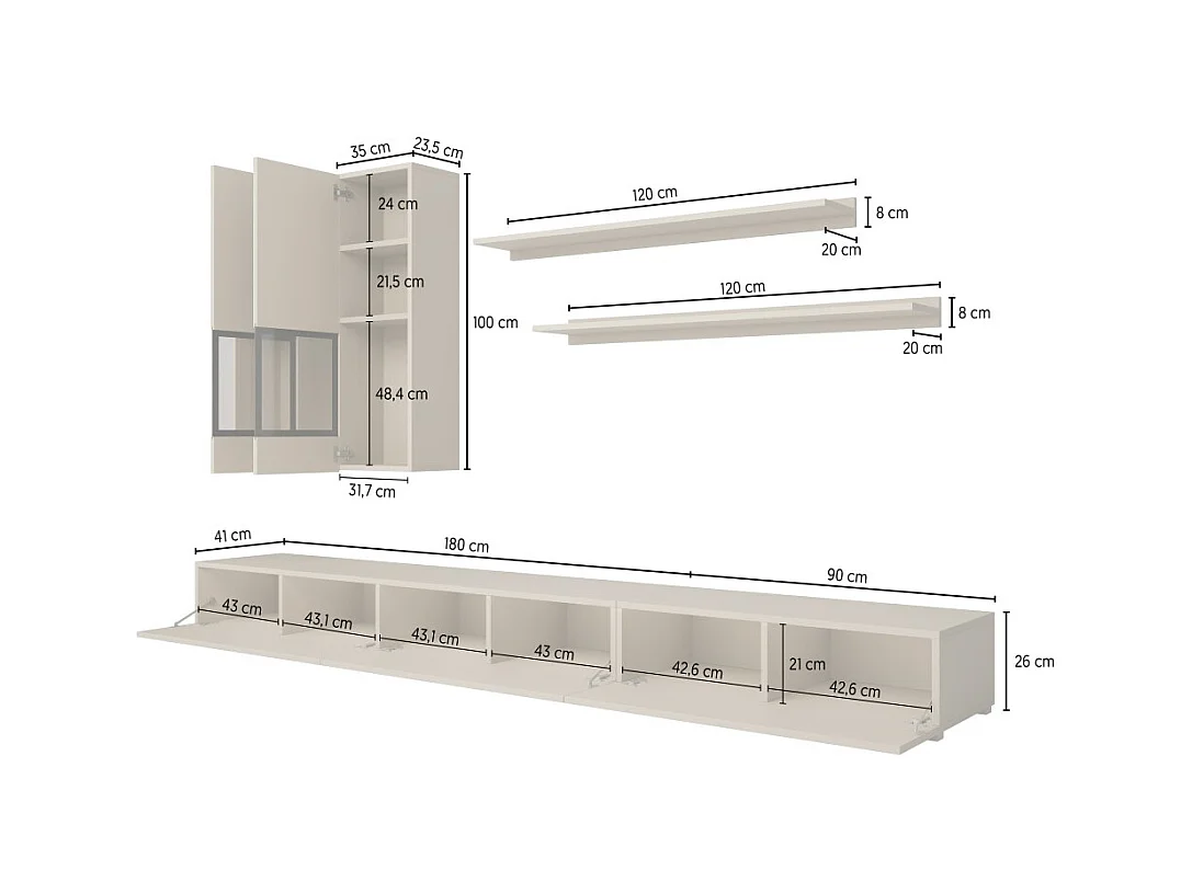 Conjunto de 7 móveis de sala de estar coleção RAMOS. Cor branco brilhante.