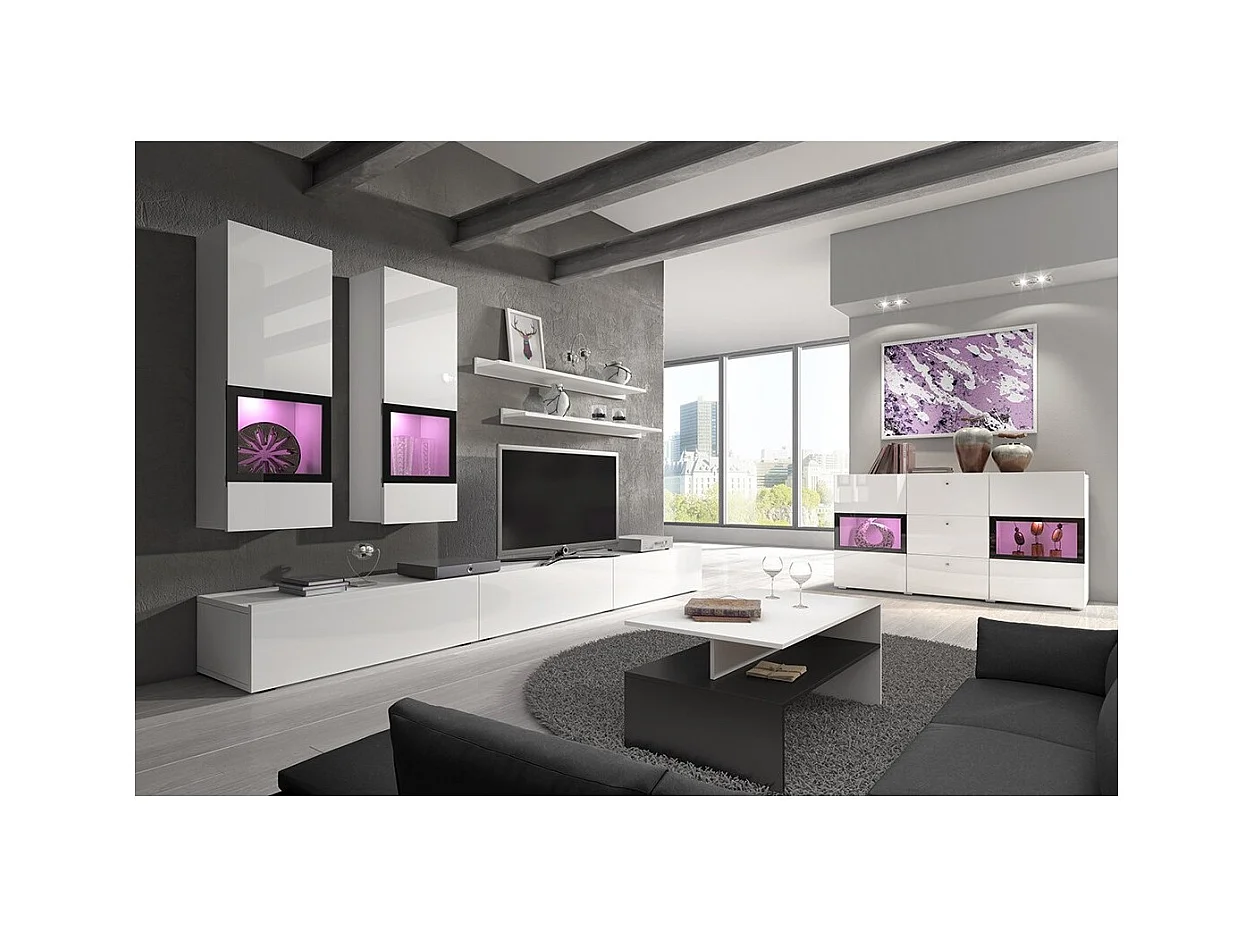 Ensemble de 7 meubles de salon collection RAMOS. Couleur blanc brillant.