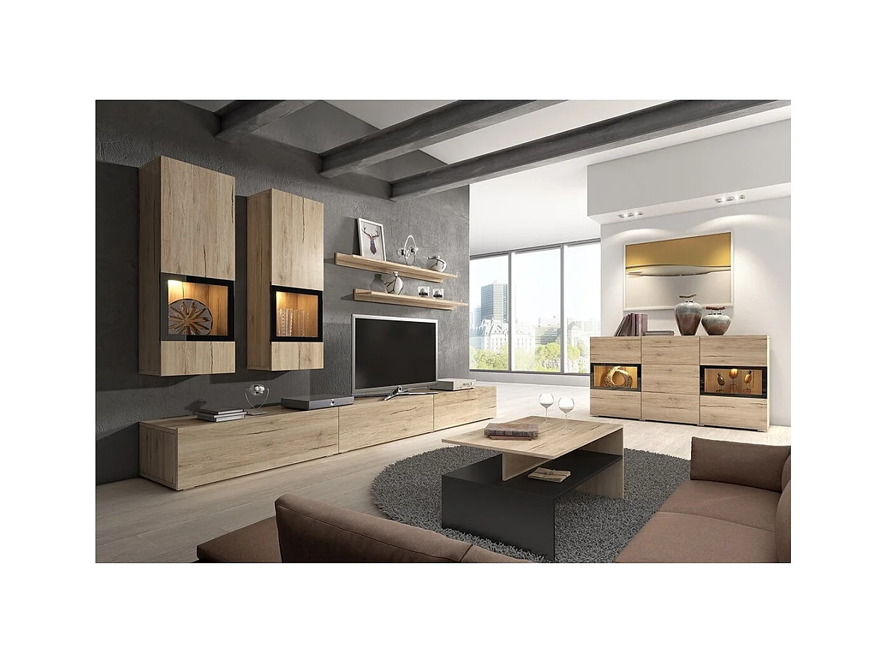 Conjunto de 7 móveis para sala de estar coleção RAMOS. Cor carvalho e preto.