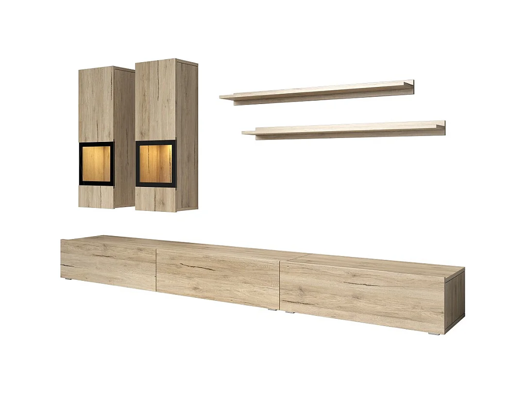 Conjunto de 7 móveis para sala de estar coleção RAMOS. Cor carvalho e preto.