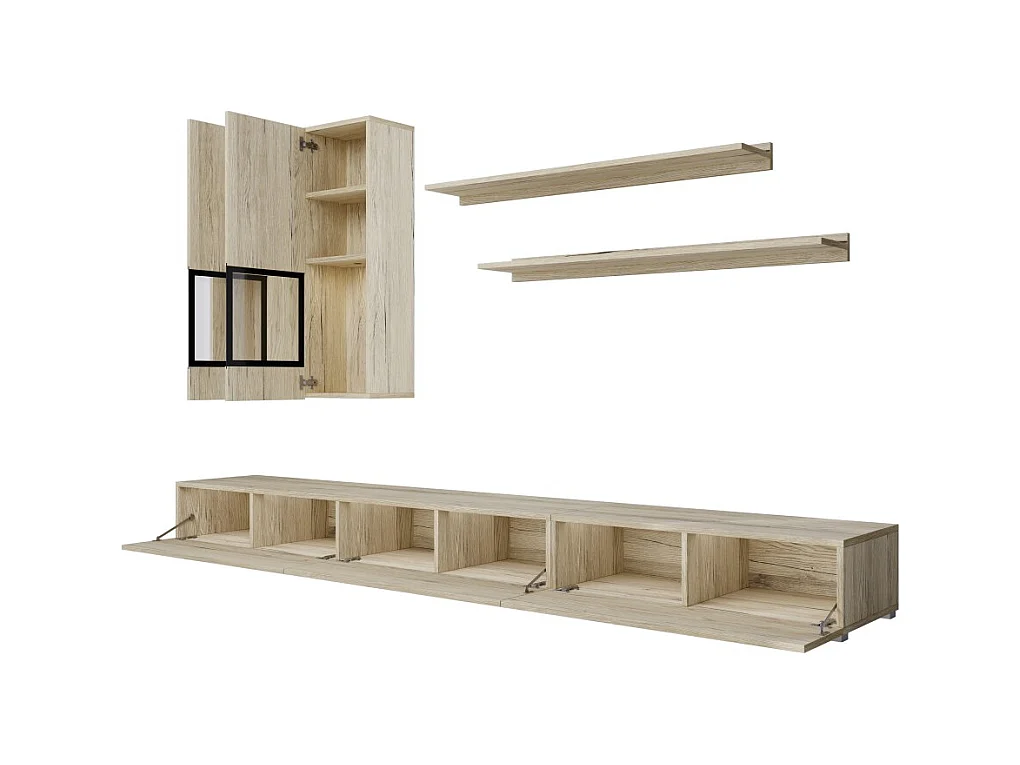 Conjunto de 7 móveis para sala de estar coleção RAMOS. Cor carvalho e preto.