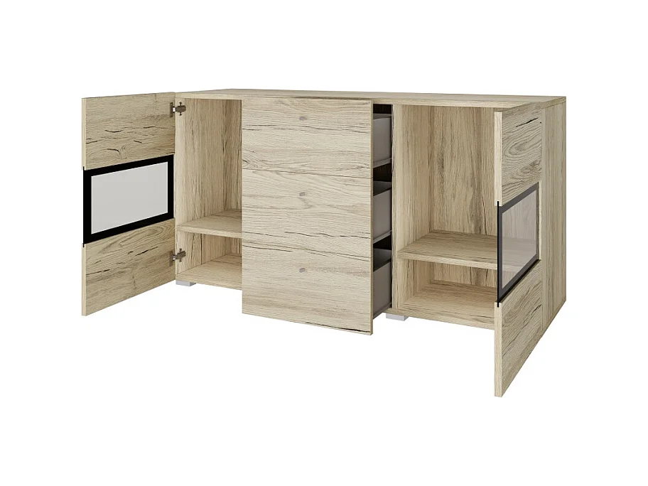 Conjunto de 7 móveis para sala de estar coleção RAMOS. Cor carvalho e preto.