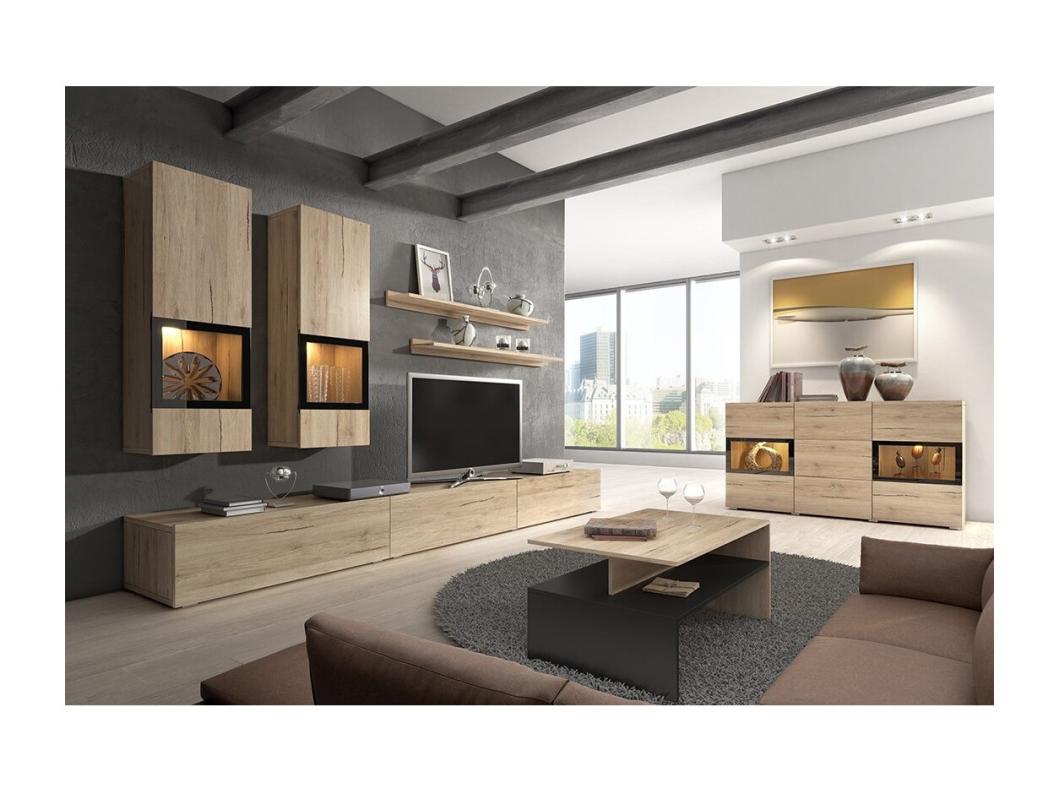 Conjunto completo de salón RAMOS - Roble - 7 muebles con LED multicolor integrado