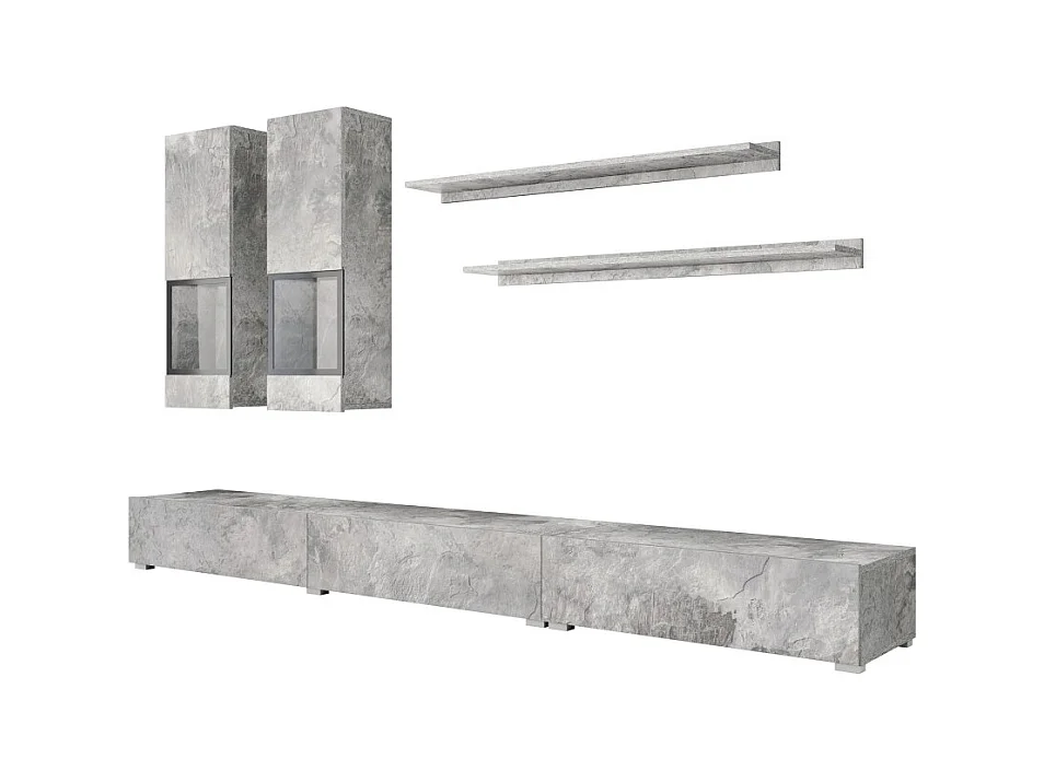 Conjunto completo para salón RAMOS – Efecto concreto – 7 muebles con LED multicolor integrado