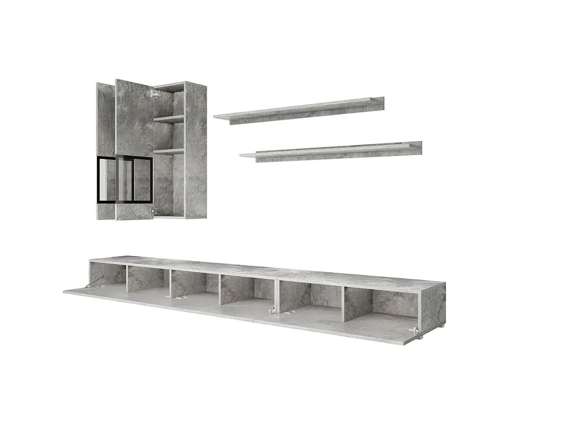 Conjunto completo para salón RAMOS – Efecto concreto – 7 muebles con LED multicolor integrado