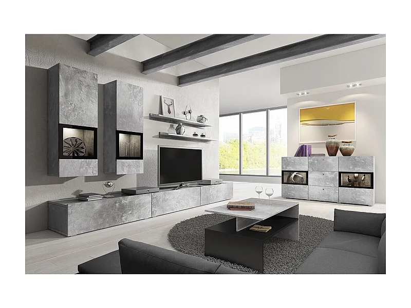 Complete woonkamerset RAMOS - Betoneffect - 7 meubels met geïntegreerde multicolor LED