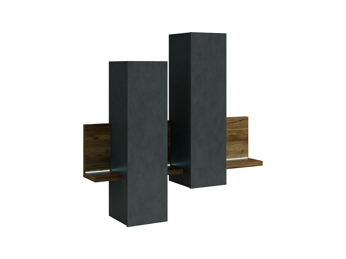 Composição mural com LED. Cores cinza e carvalho escuro. Coleção BERGAME.