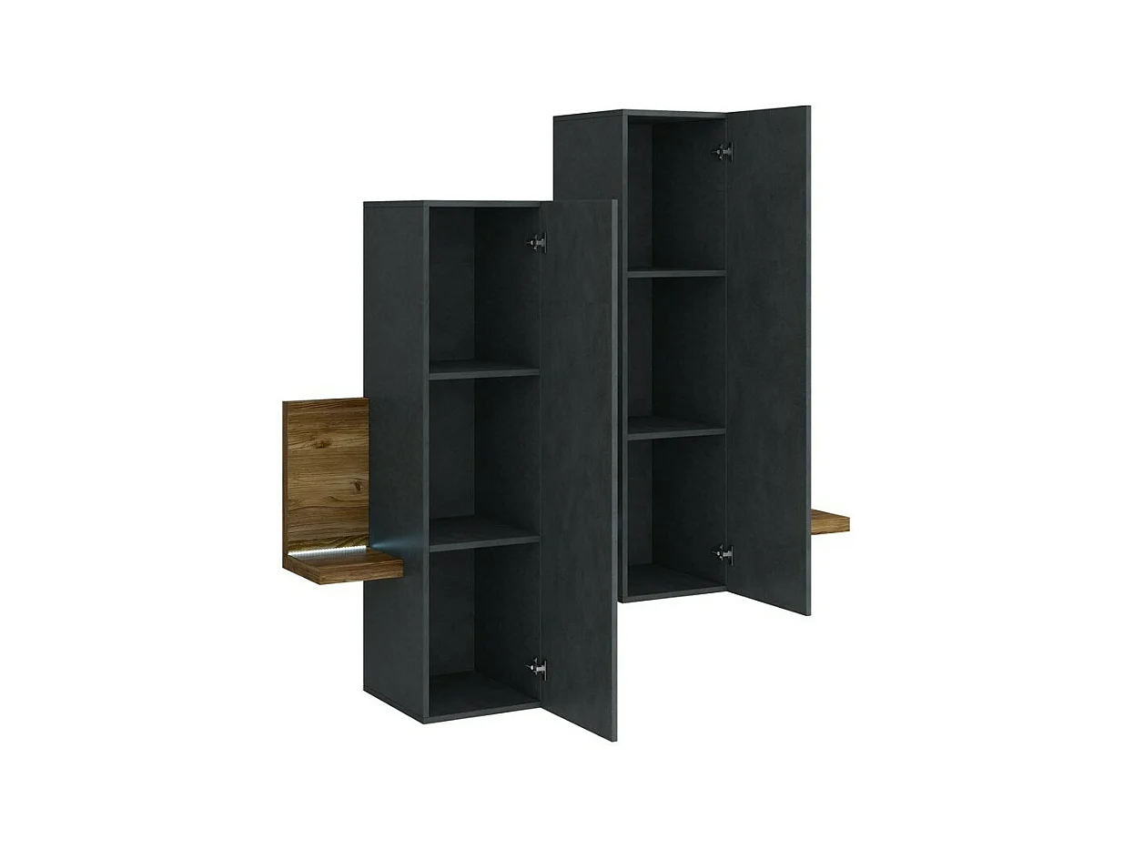 Composição mural com LED. Cores cinza e carvalho escuro. Coleção BERGAME.