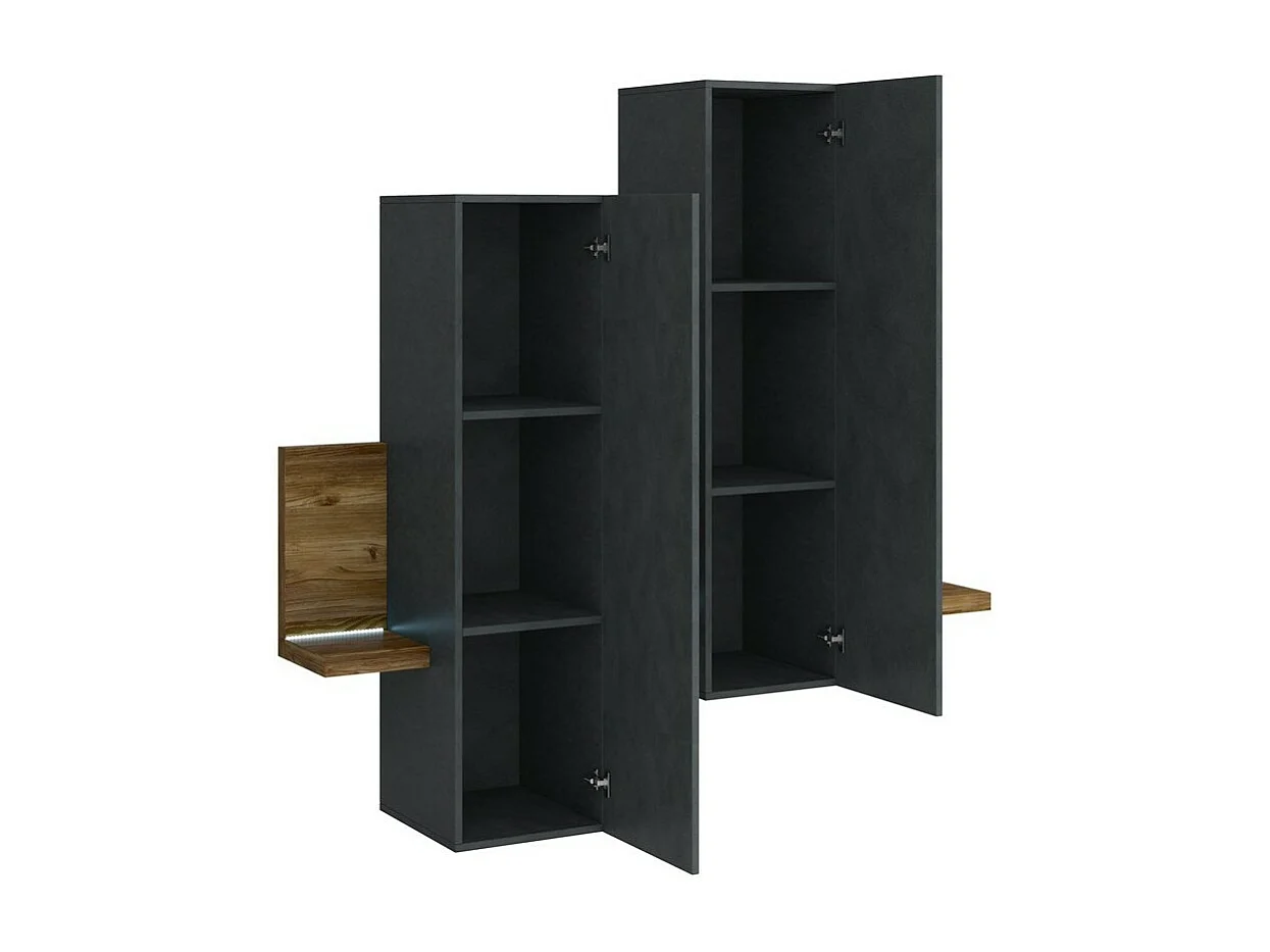 Wandcompositie met LED. Kleuren grijs en donker eiken. Collectie BERGAMO.