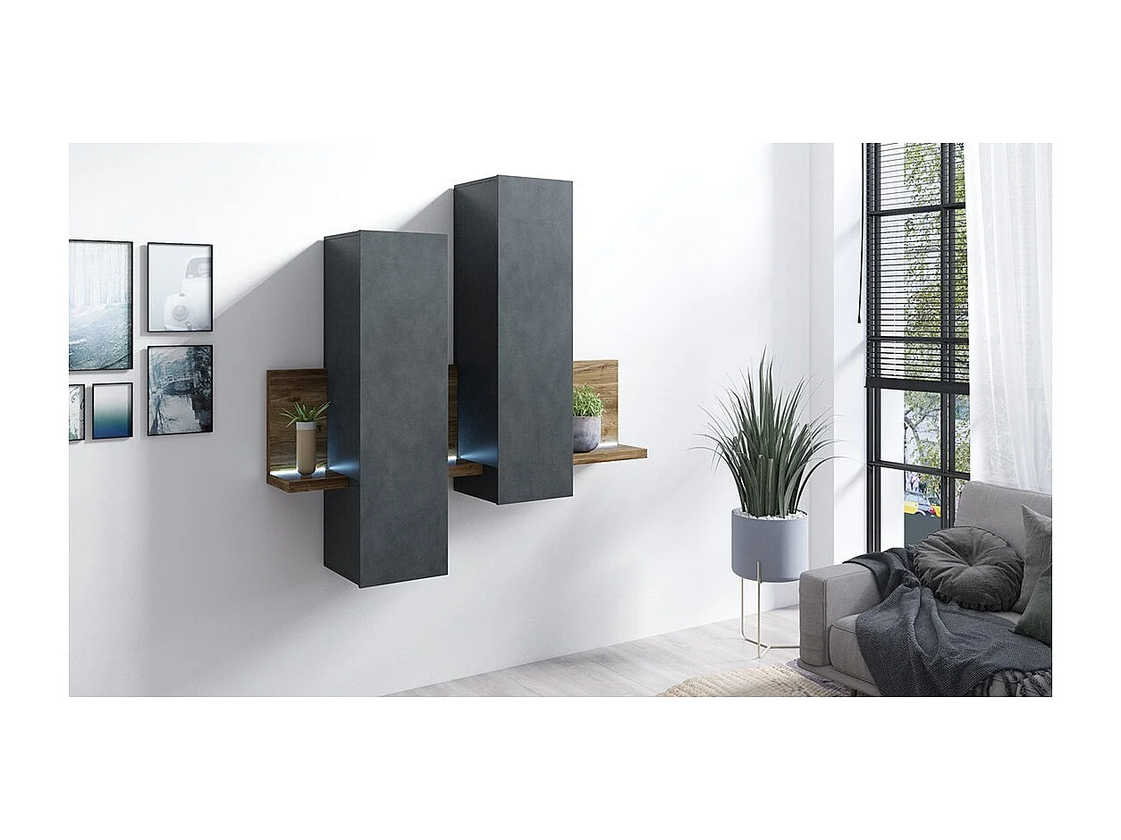 Wandcompositie met LED. Kleuren grijs en donker eiken. Collectie BERGAMO.