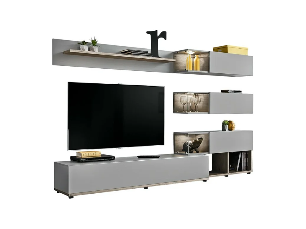 Ensemble de meubles pour votre salon KLIS. Composition murale coloris gris perle et chêne. LED incluses. Meuble tv design