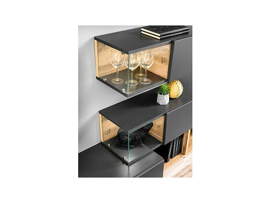 Ensemble de meubles pour votre salon KLIS. Composition murale coloris gris perle et chêne. LED incluses. Meuble tv design