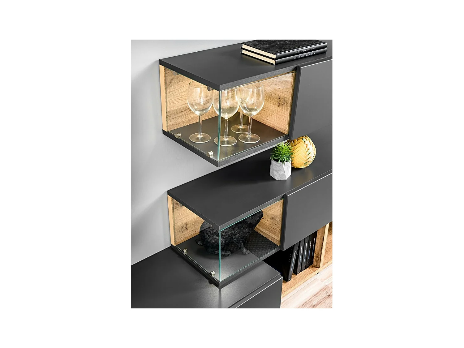 Ensemble de meubles pour votre salon KLIS. Composition murale coloris gris perle et chêne. LED incluses. Meuble tv design