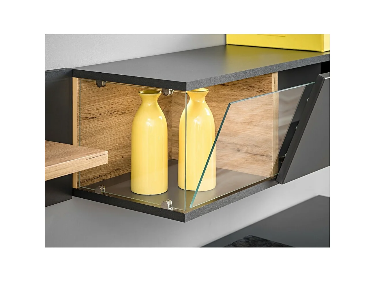 Ensemble de meubles pour votre salon KLIS. Composition murale coloris gris perle et chêne. LED incluses. Meuble tv design