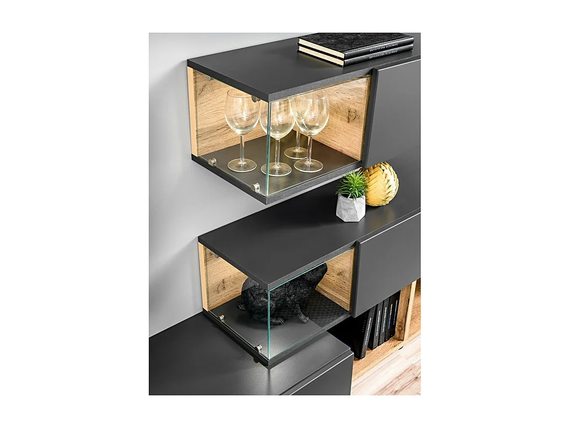 Ensemble de meubles pour votre salon KLIS. Composition murale coloris gris perle et chêne. LED incluses. Meuble tv design