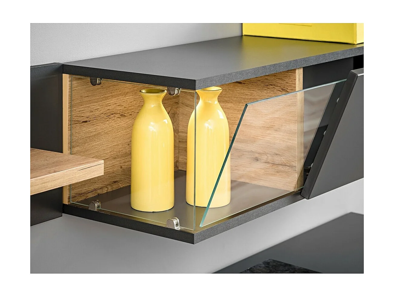 Ensemble de meubles pour votre salon KLIS. Composition murale coloris gris perle et chêne. LED incluses. Meuble tv design