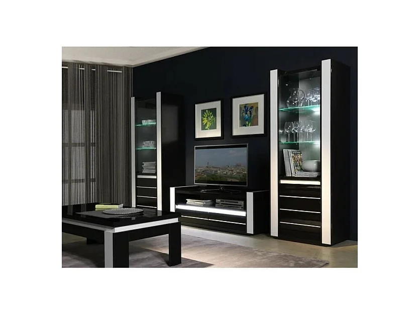 Ensemble LINA noire et blanche avec vitrines, table basse et meuble TV + LED