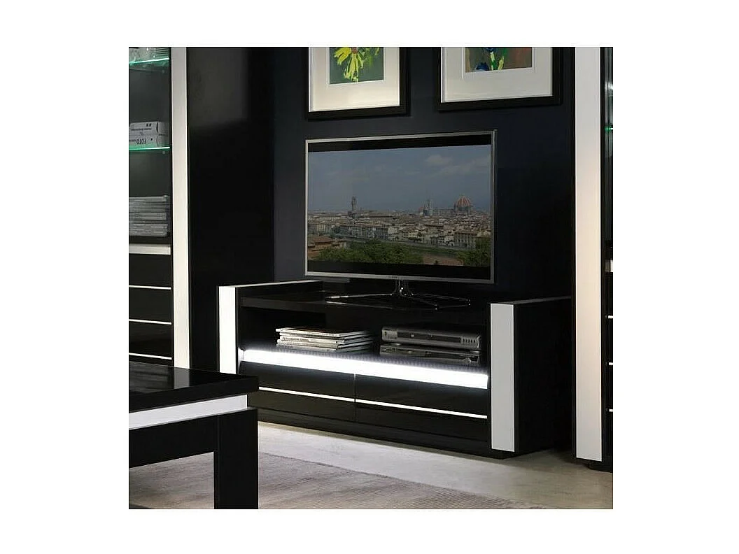 Ensemble LINA noire et blanche avec vitrines, table basse et meuble TV + LED