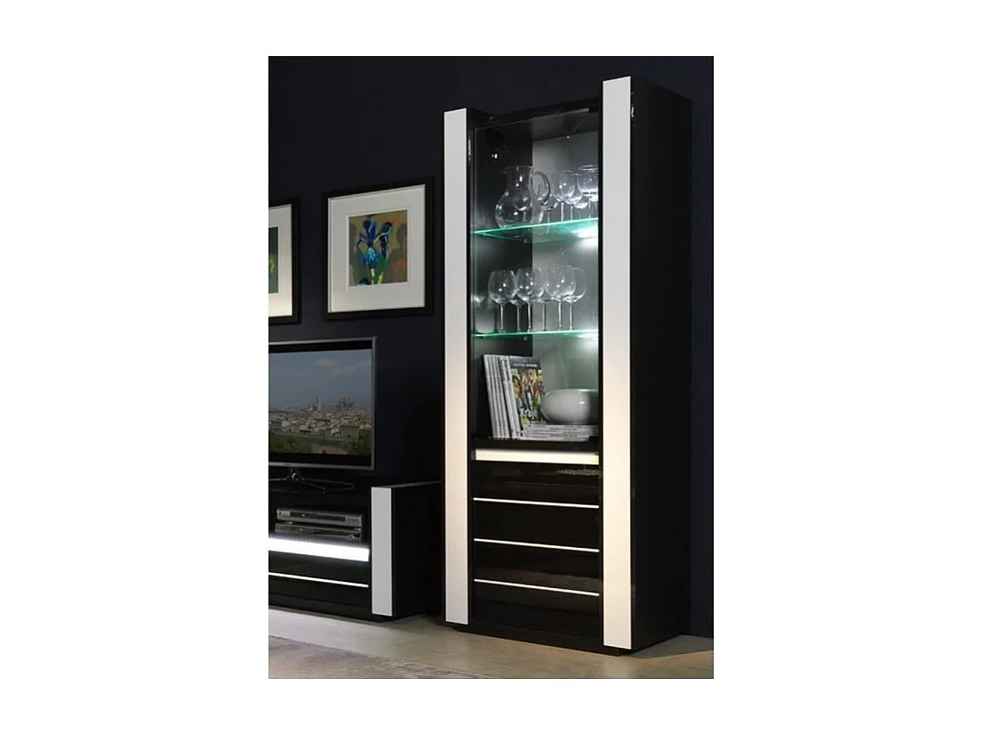 Ensemble LINA noire et blanche avec vitrines, table basse et meuble TV + LED