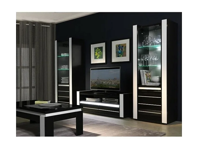 Zwarte en witte LINA set met vitrines, salontafel en tv-meubel + LED