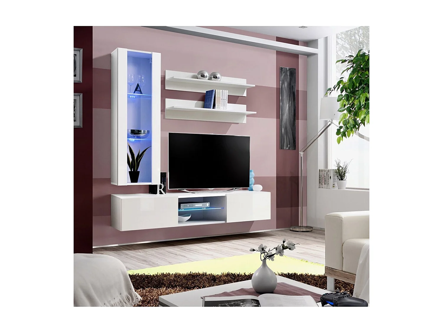 TV-meubelset FLY S2 met LED. Kleur wit. Zwevend designmeubel voor uw woonkamer.