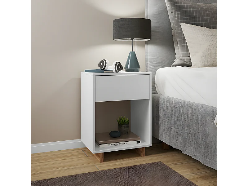 Table de Chevet 1 Tiroir 1 Niche Blanche