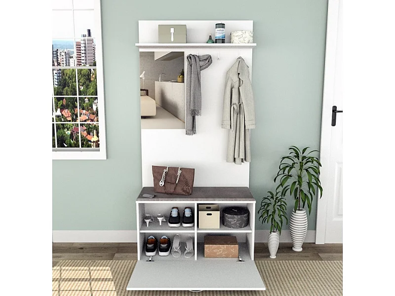 Meuble Vestiaire d'Entrée Blanc Miroir Coffre et Patères L 87 H 180 P 35 cm