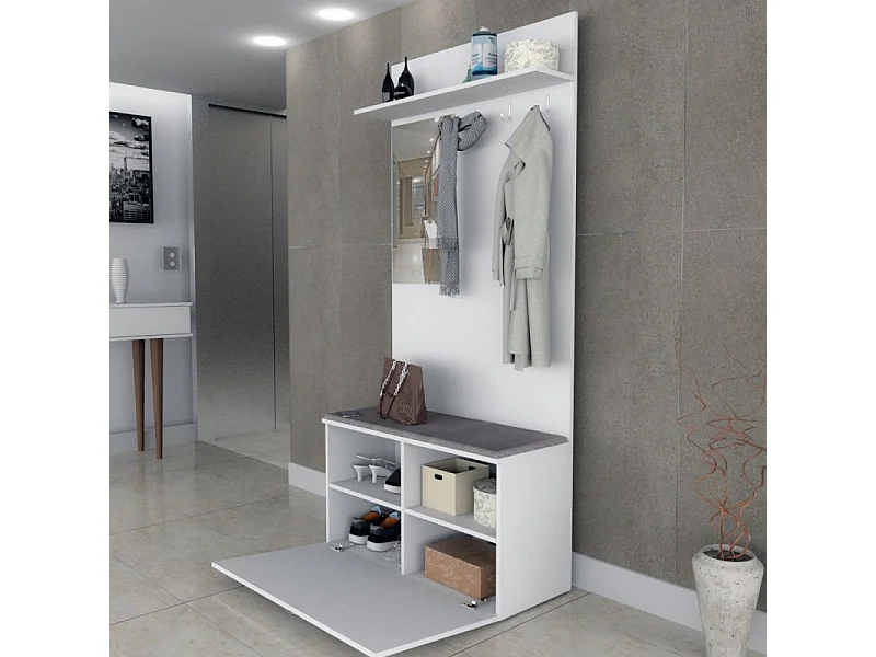 Meuble Vestiaire d'Entrée Blanc Miroir Coffre et Patères L 87 H 180 P 35 cm