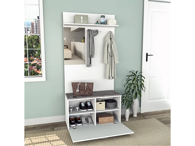 Meuble Vestiaire d'Entrée Blanc Miroir Coffre et Patères L 87 H 180 P 35 cm