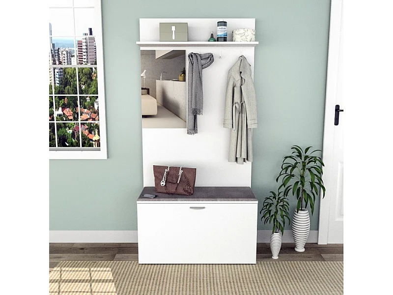Meuble Vestiaire d'Entrée Blanc Miroir Coffre et Patères L 87 H 180 P 35 cm