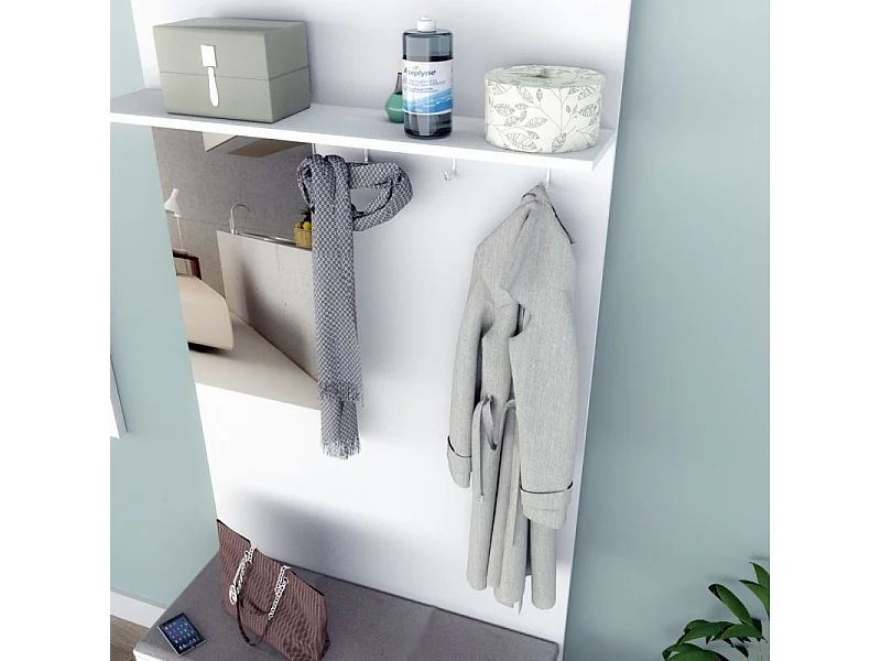 Meuble Vestiaire d'Entrée Blanc Miroir Coffre et Patères L 87 H 180 P 35 cm