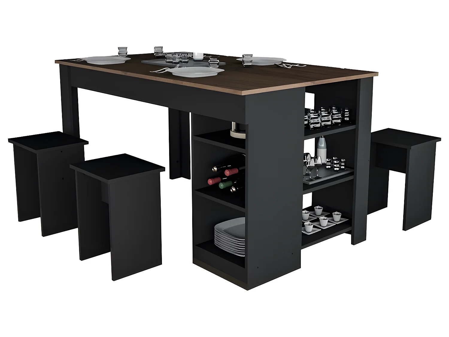 Table à Manger avec Rangement et 4 Tabourets Noir et Noyer