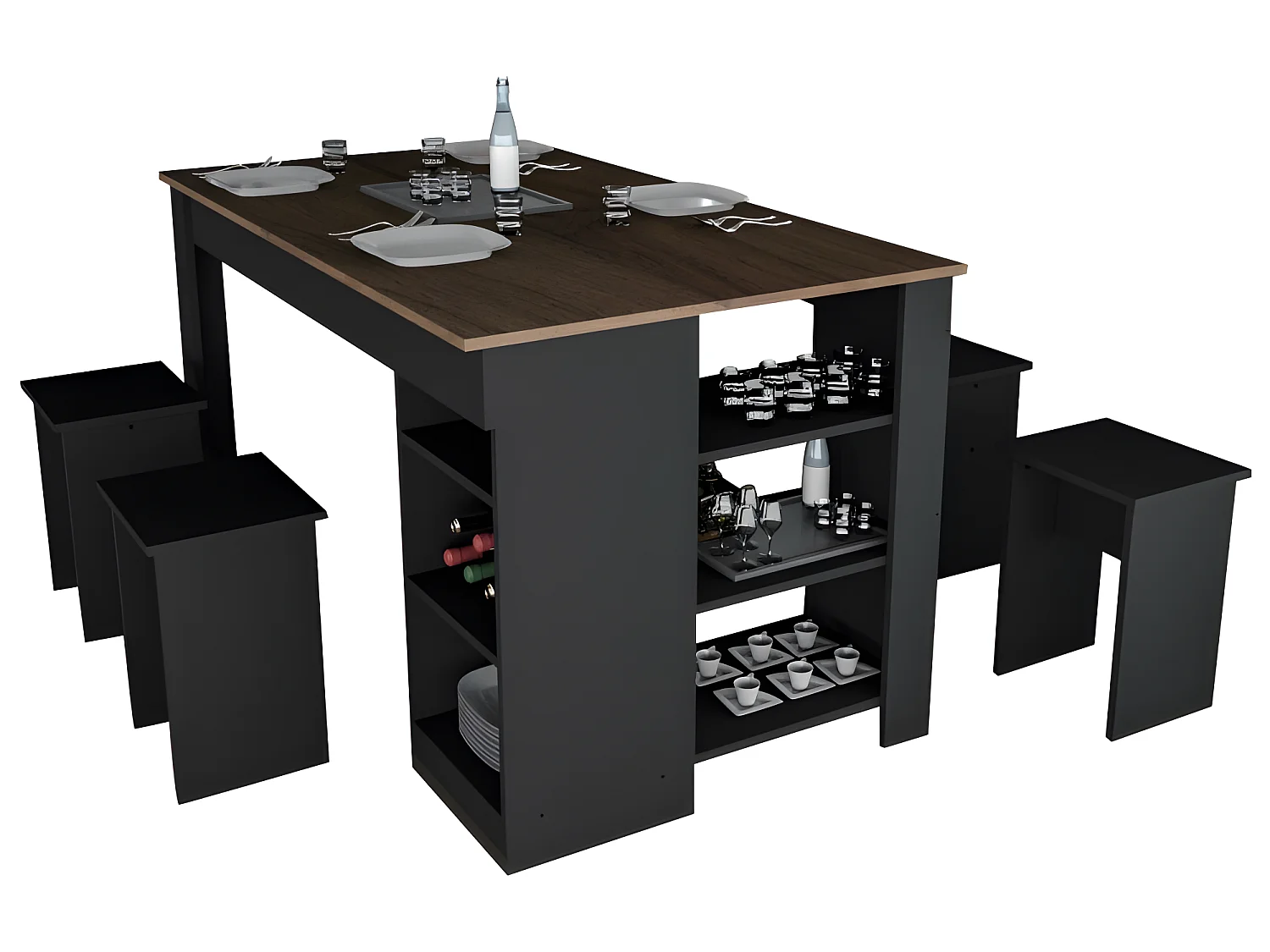 Table à Manger avec Rangement et 4 Tabourets Noir et Noyer