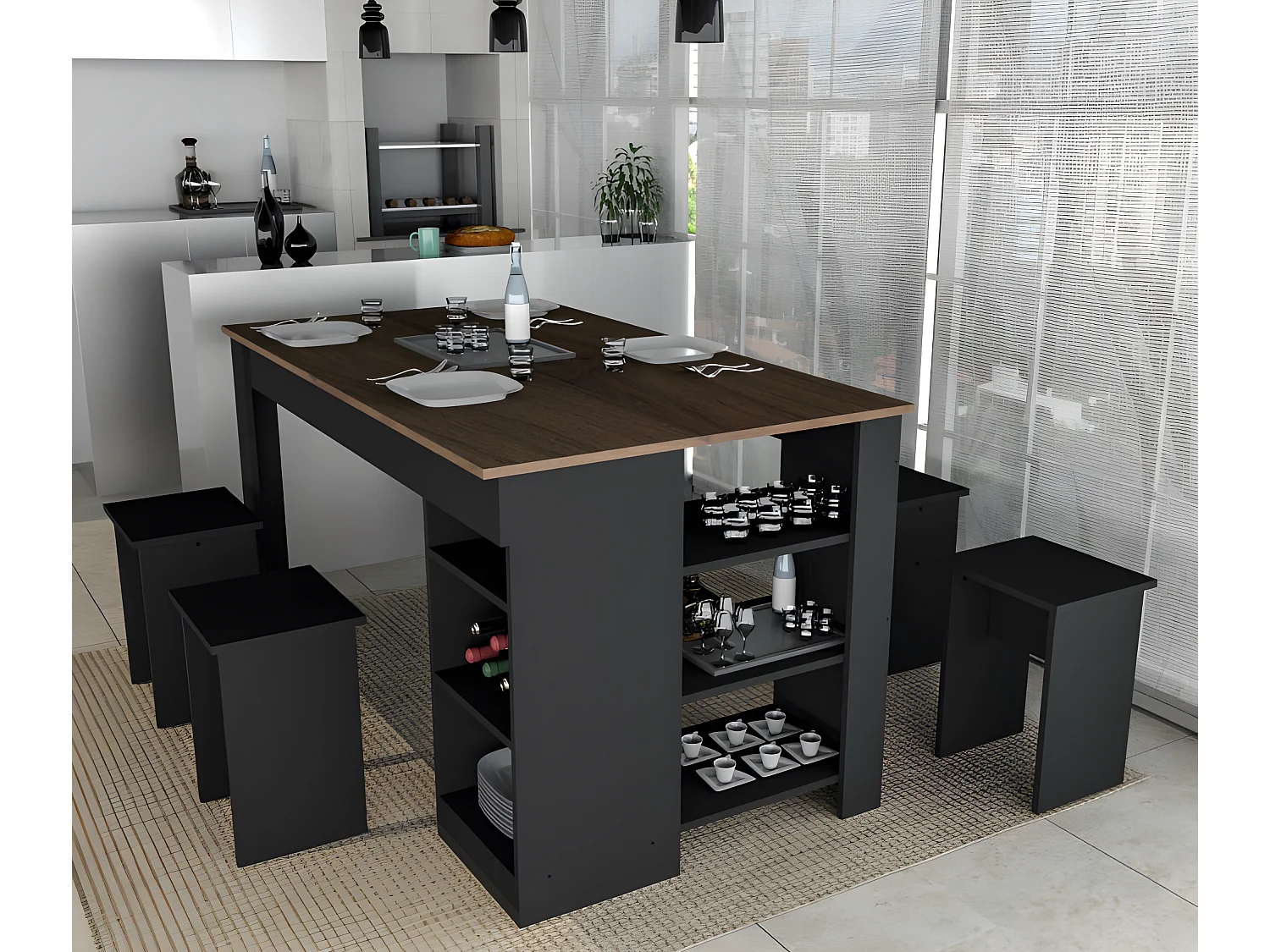 Table à Manger avec Rangement et 4 Tabourets Noir et Noyer