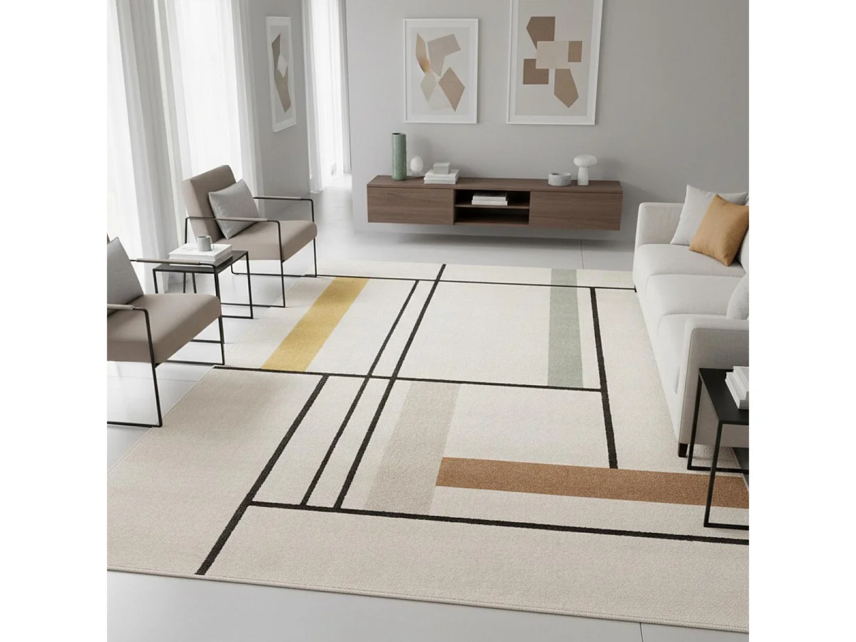 tapis chambre 120x170 tissé beige et jaune rectangle motif géométrique CONTEMREC